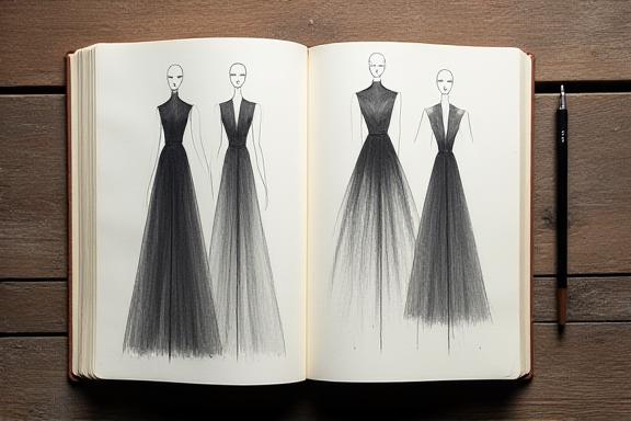 Close up of a Bauhaus inspired dress sketch on a wooden table